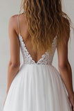 White Spaghetti Straps A Line Maxi Rehearsal Dinner Dress with Lace
