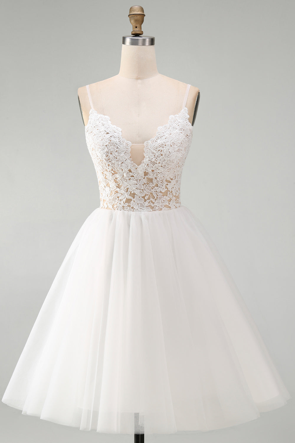White A Line Spaghetti Straps Short Bridal Shower Dress with Lace