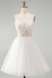 White A Line Spaghetti Straps Short Bridal Shower Dress with Lace