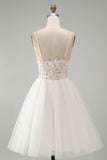 White A Line Spaghetti Straps Short Bridal Shower Dress with Lace