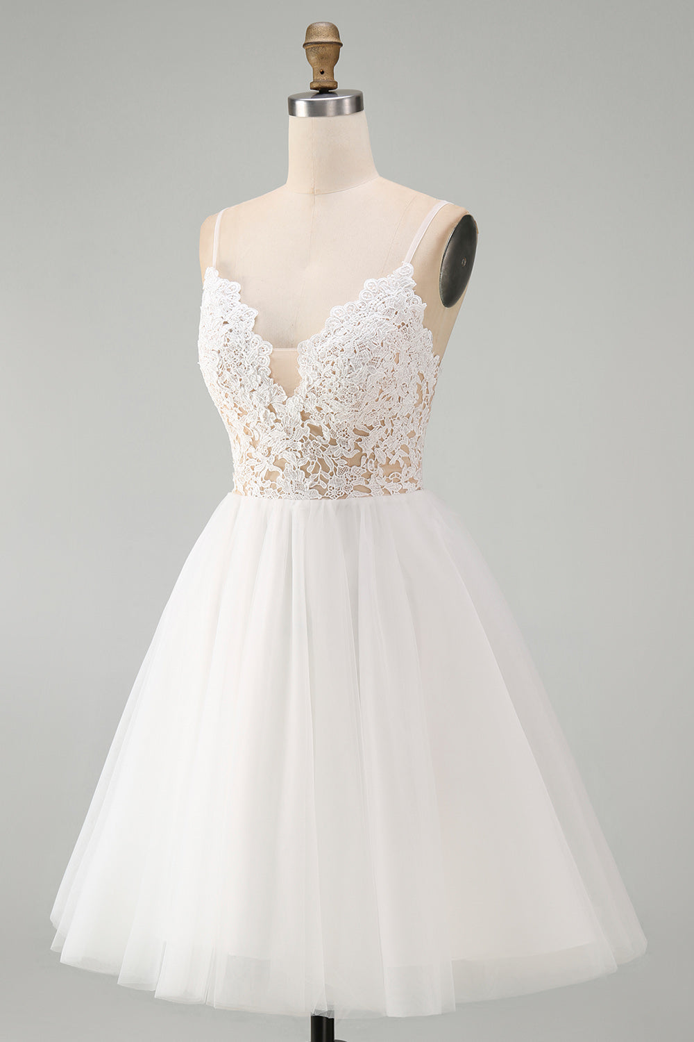 White A Line Spaghetti Straps Short Bridal Shower Dress with Lace