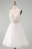 White A Line Spaghetti Straps Short Bridal Shower Dress with Lace