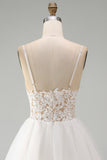 White A Line Spaghetti Straps Short Bridal Shower Dress with Lace