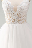White A Line Spaghetti Straps Short Bridal Shower Dress with Lace