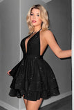Glitter Black Halter Tiered A Line Short Homecoming Dress