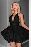 Glitter Black Halter Tiered A Line Short Homecoming Dress