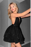 Glitter Black Halter Tiered A Line Short Homecoming Dress