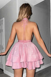 Glitter Black Halter Tiered A Line Short Homecoming Dress