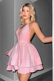 Glitter Black Halter Tiered A Line Short Homecoming Dress