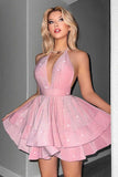 Glitter Black Halter Tiered A Line Short Homecoming Dress