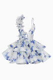 Pink Floral Tiered A Line Short Homecoming Dress with Ruffles