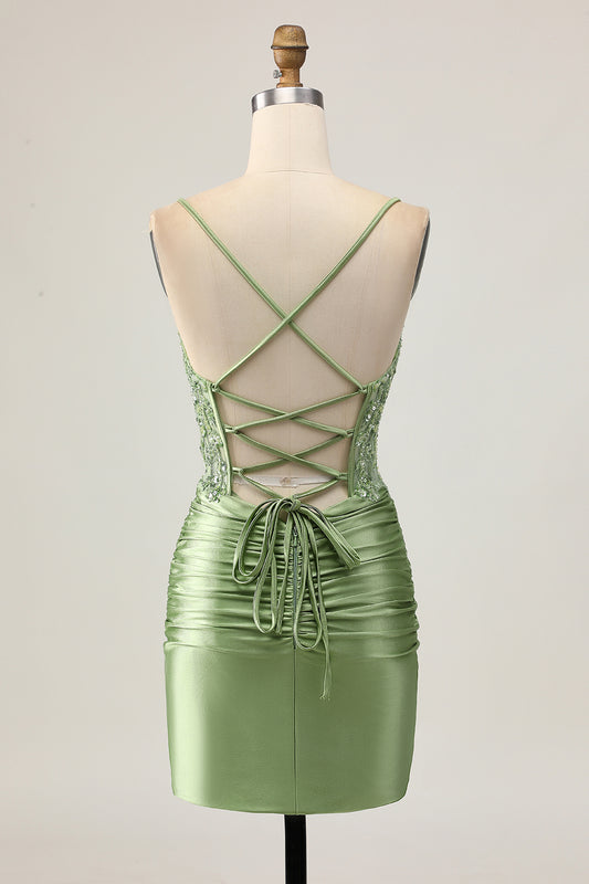 Sparkly Sage Green Tight Short Corset Homecoming Dress with Appliques