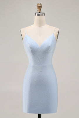 Sparkly Blue Backless Tight Short Homecoming Dress with Beading