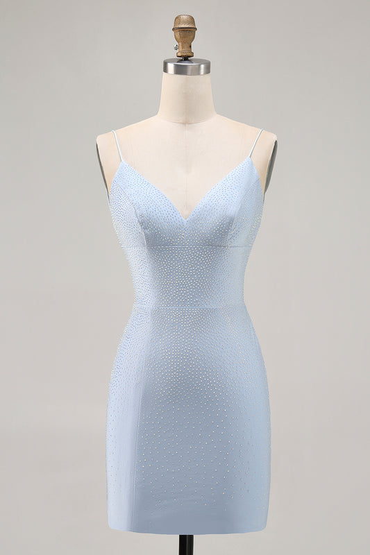 Sparkly Blue Backless Tight Short Homecoming Dress with Beading