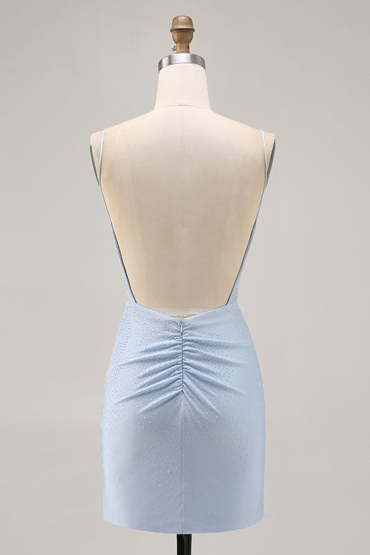 Sparkly Blue Backless Tight Short Homecoming Dress with Beading