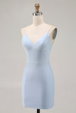 Sparkly Blue Backless Tight Short Homecoming Dress with Beading