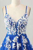 Royal Blue Tulle A Line Short Homecoming Dress with Appliques