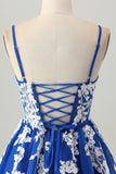 Royal Blue Tulle A Line Short Homecoming Dress with Appliques