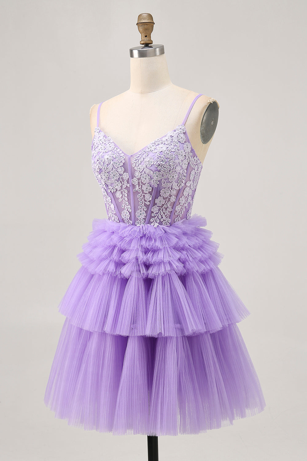 Sparkly Lavender Floral Short Corset Homecoming Dress with Ruffles