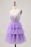 Sparkly Lavender Floral Short Corset Homecoming Dress with Ruffles
