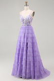 Purple Corset Tiered A Line Long Prom Dress with Sit