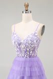 Purple Corset Tiered A Line Long Prom Dress with Sit