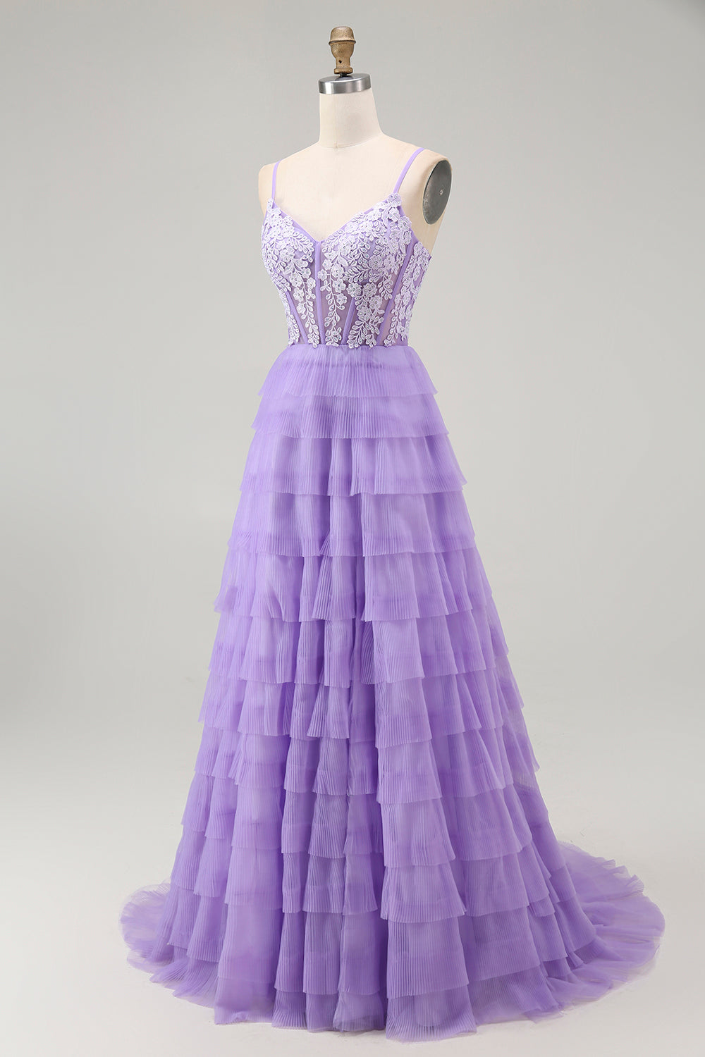 Sparkly Purple Corset Spaghetti Straps Long Tiered Prom Dress with Slit