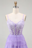 Sparkly Purple Corset Spaghetti Straps Long Tiered Prom Dress with Slit