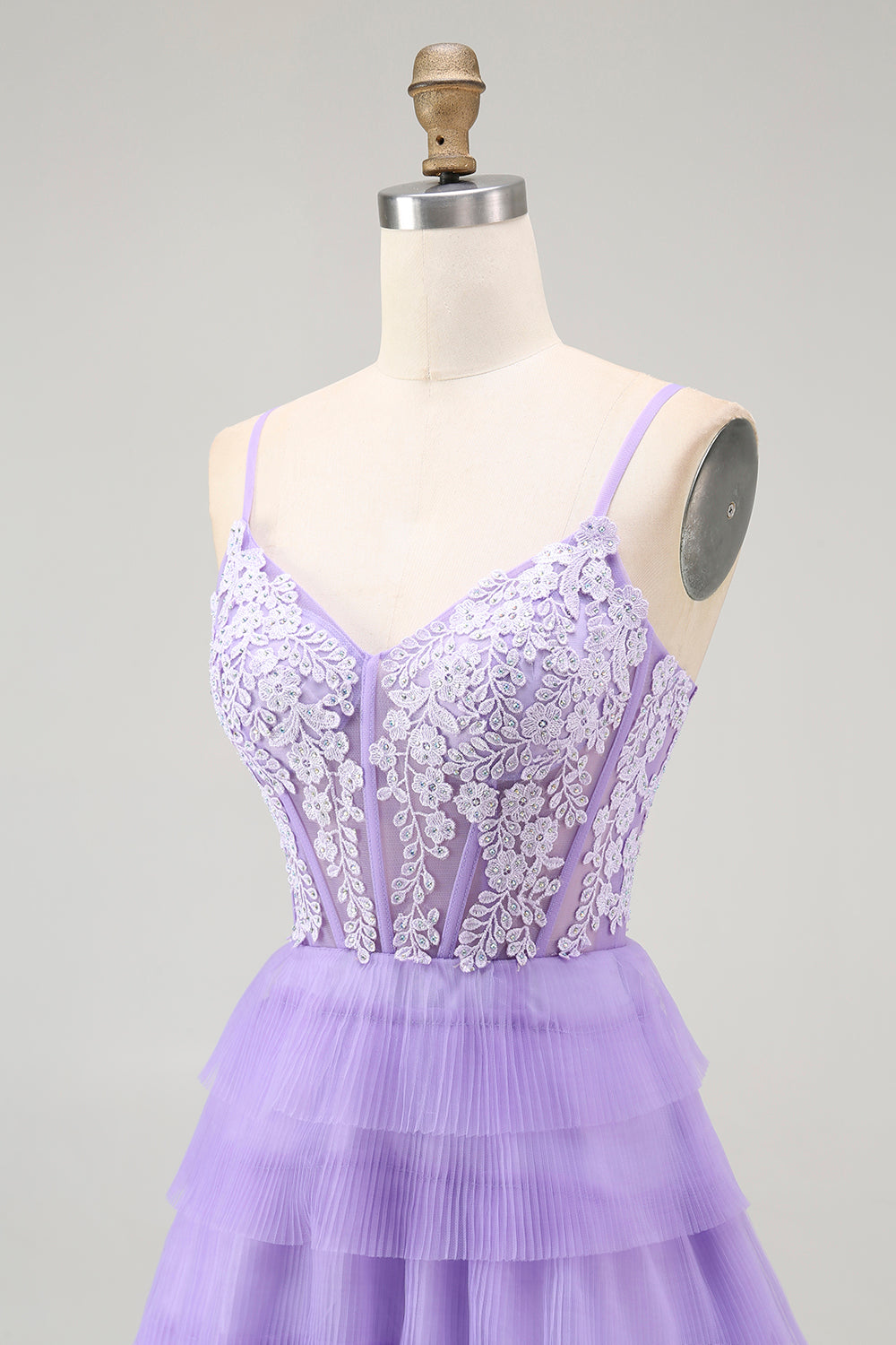Sparkly Purple Corset Spaghetti Straps Long Tiered Prom Dress with Slit