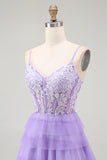Sparkly Purple Corset Spaghetti Straps Long Tiered Prom Dress with Slit