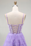 Sparkly Purple Corset Spaghetti Straps Long Tiered Prom Dress with Slit