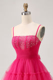 Sparkly Fuchsia Tulle A Line Short Homecoming Dress with Beading