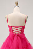 Sparkly Fuchsia Tulle A Line Short Homecoming Dress with Beading