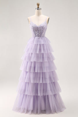 Glitter Lilac Corset A Line Tiered Long Prom Dress with Lace
