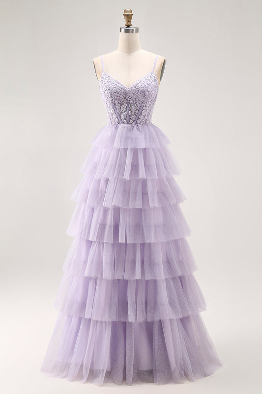 Glitter Lilac Corset A Line Tiered Long Prom Dress with Lace