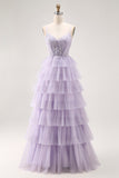 Glitter Lilac Corset A Line Tiered Long Prom Dress with Lace