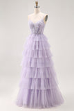 Glitter Lilac Corset A Line Tiered Long Prom Dress with Lace