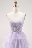 Glitter Lilac Corset A Line Tiered Long Prom Dress with Lace