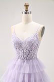 Glitter Lilac Corset A Line Tiered Long Prom Dress with Lace
