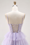 Glitter Lilac Corset A Line Tiered Long Prom Dress with Lace