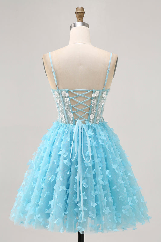 Sparkly Blue Corset Floral Short Homecoming Dress with Sequins