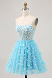 Sparkly Blue Corset Floral Short Homecoming Dress with Sequins