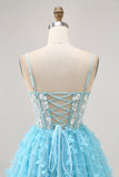 Sparkly Blue Corset Floral Short Homecoming Dress with Sequins