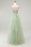 Sparkly Green Corset Beaded A Line Long Prom Dress with Bow
