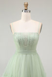 Sparkly Green Corset Beaded A Line Long Prom Dress with Bow