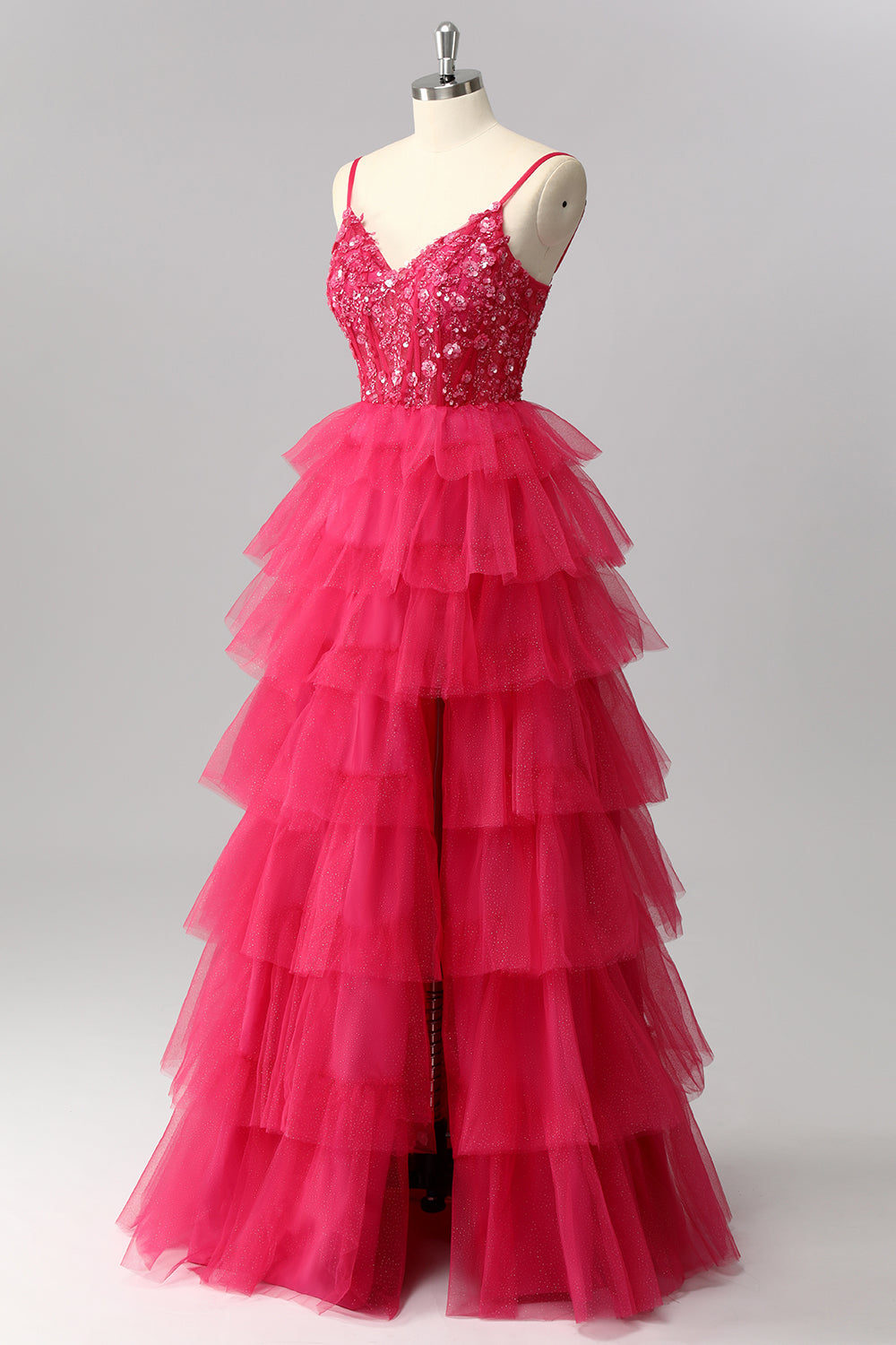 Sparkly Fuchsia Spaghetti Straps Tulle Ruffled A-Line Long Corset Prom Dress with Sequins