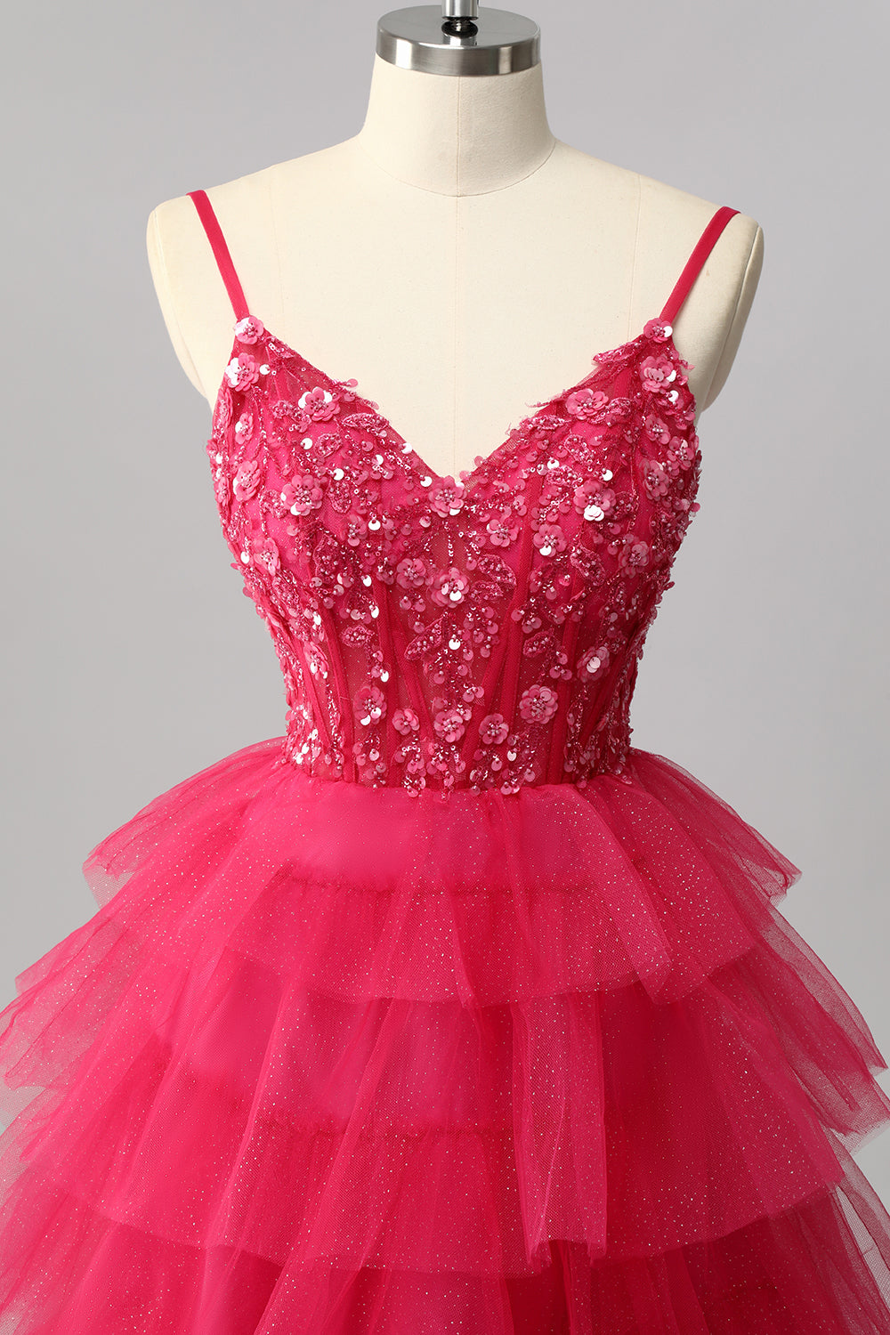 Sparkly Fuchsia Spaghetti Straps Tulle Ruffled A-Line Long Corset Prom Dress with Sequins