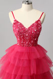 Sparkly Fuchsia Spaghetti Straps Tulle Ruffled A-Line Long Corset Prom Dress with Sequins