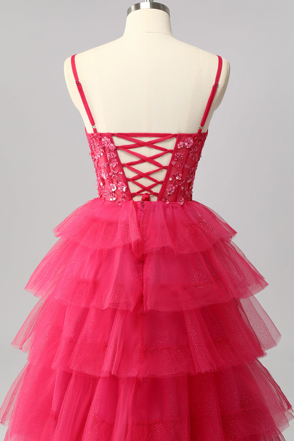 Sparkly Fuchsia Spaghetti Straps Tulle Ruffled A-Line Long Corset Prom Dress with Sequins