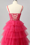 Sparkly Fuchsia Spaghetti Straps Tulle Ruffled A-Line Long Corset Prom Dress with Sequins